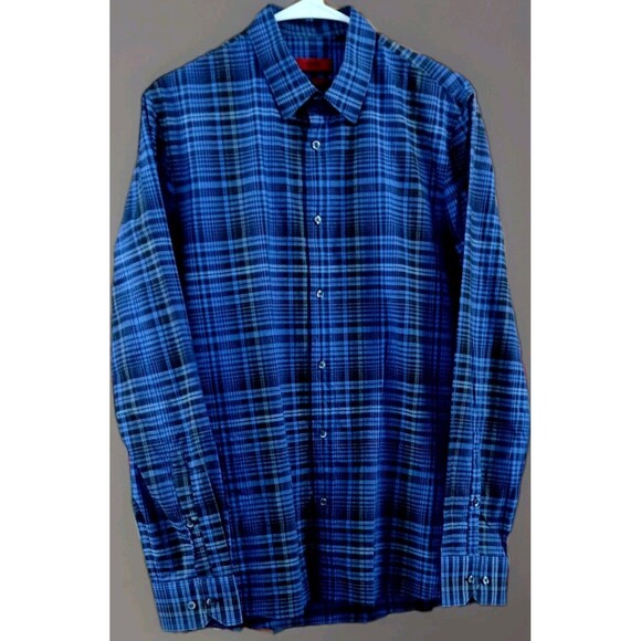 Hugo Boss Red Men’s M Slim Fit Blue Plaid Button Front Shirt Long Sleeve EUC - Picture 1 of 5